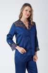 Navy Blue Guipure Detailed 6-Piece Satin Nightgown Dressing Gown Set The Sleepy Goodies